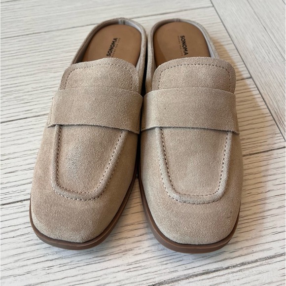NWOT Sonoma suede square toe slide loafer mules. Taupe color. Sz 8.5 - Picture 1 of 5